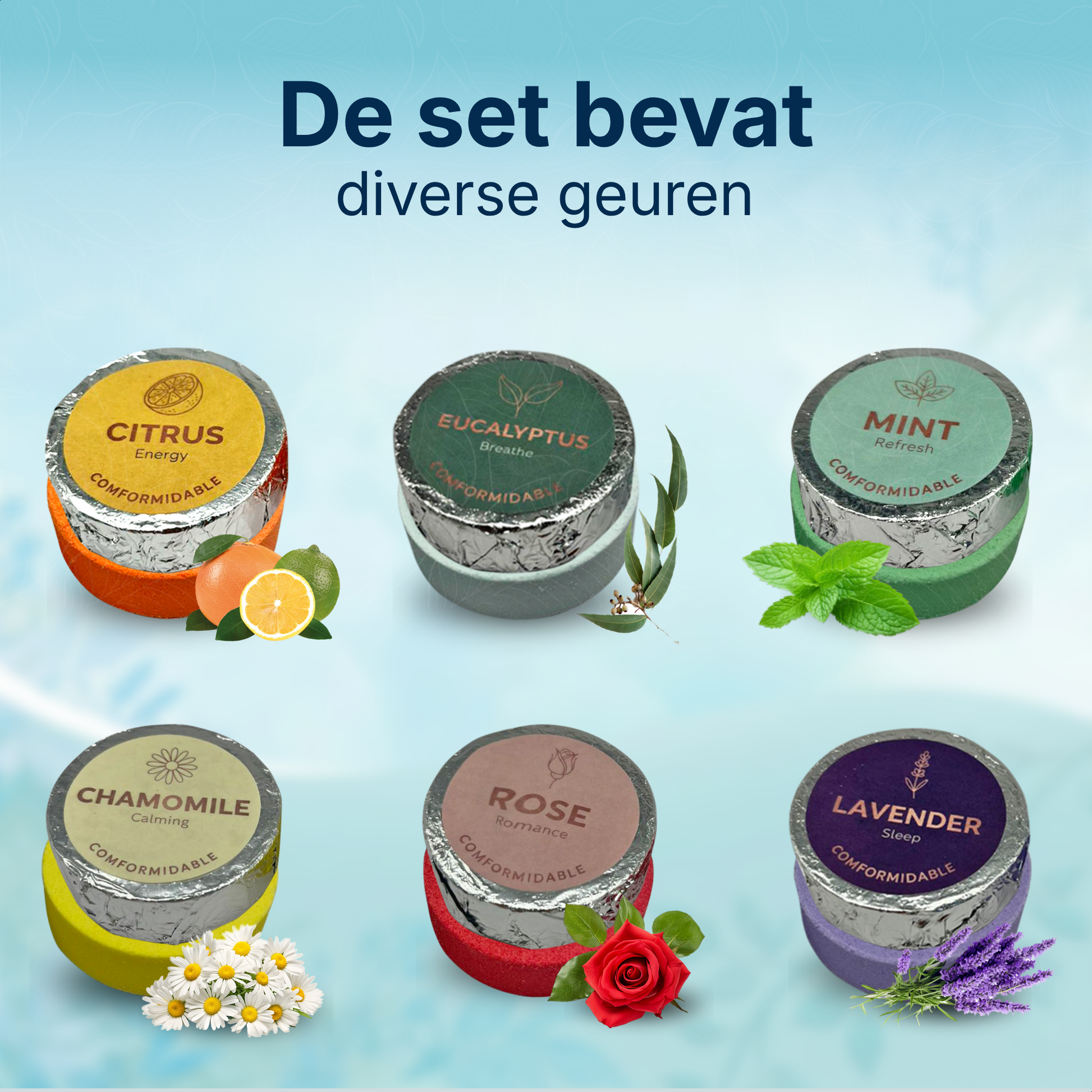 Overzicht van alle zes geuren in de Comformidable shower steamers set citrus mint eucalyptus rose chamomile lavendel