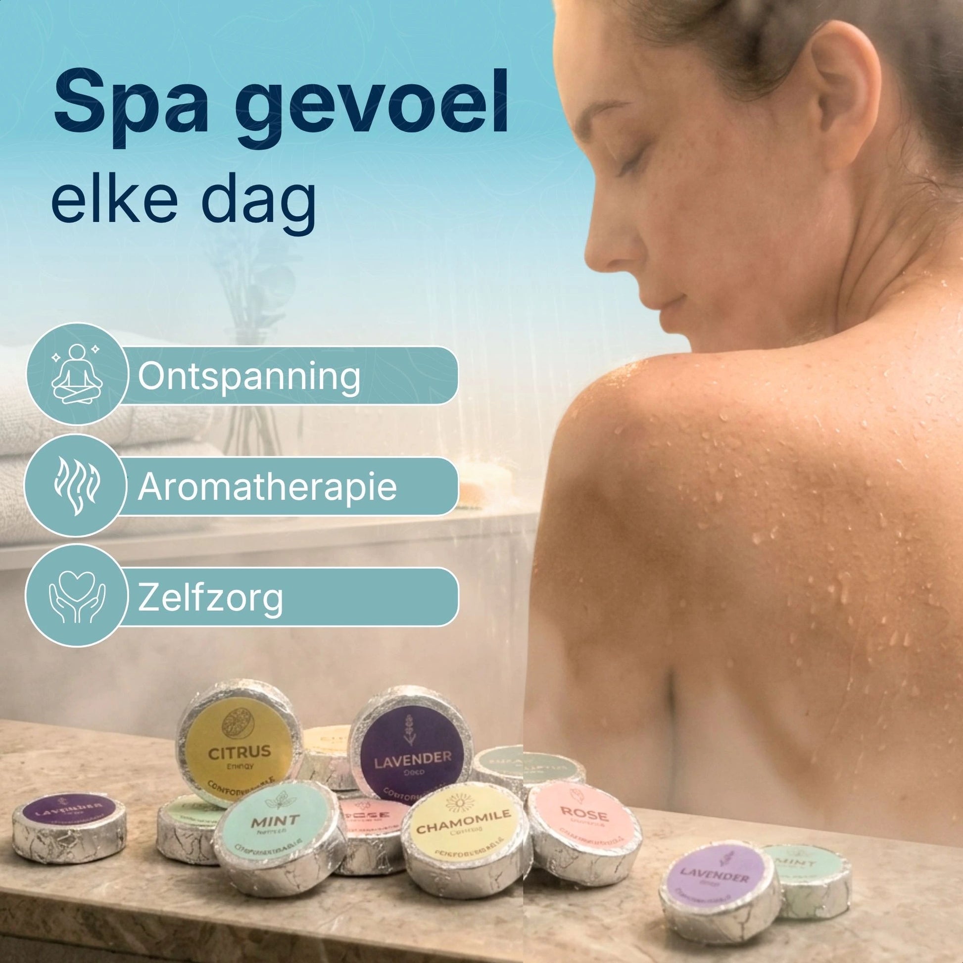 Vrouw geniet van spa gevoel in douche met Comformidable shower steamers ontspanning aromatherapie en zelfzorg