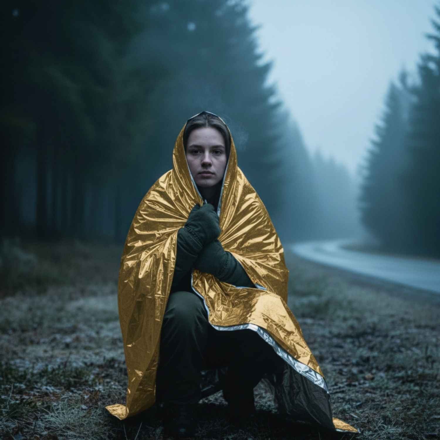 Vrouw in het bos beschermt zichzelf tegen onderkoeling met een zilveren Comformidable reddingsdeken.
