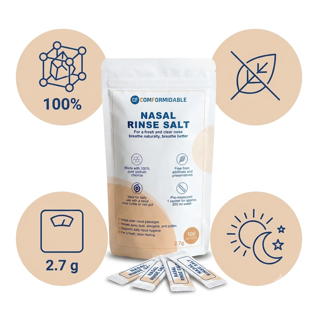 Eigenschaften Comformidable Spülsalz: 100 % reines Natriumchlorid, ohne Zusätze, 2,7 Gramm pro Beutel, für die tägliche Anwendung geeignet
